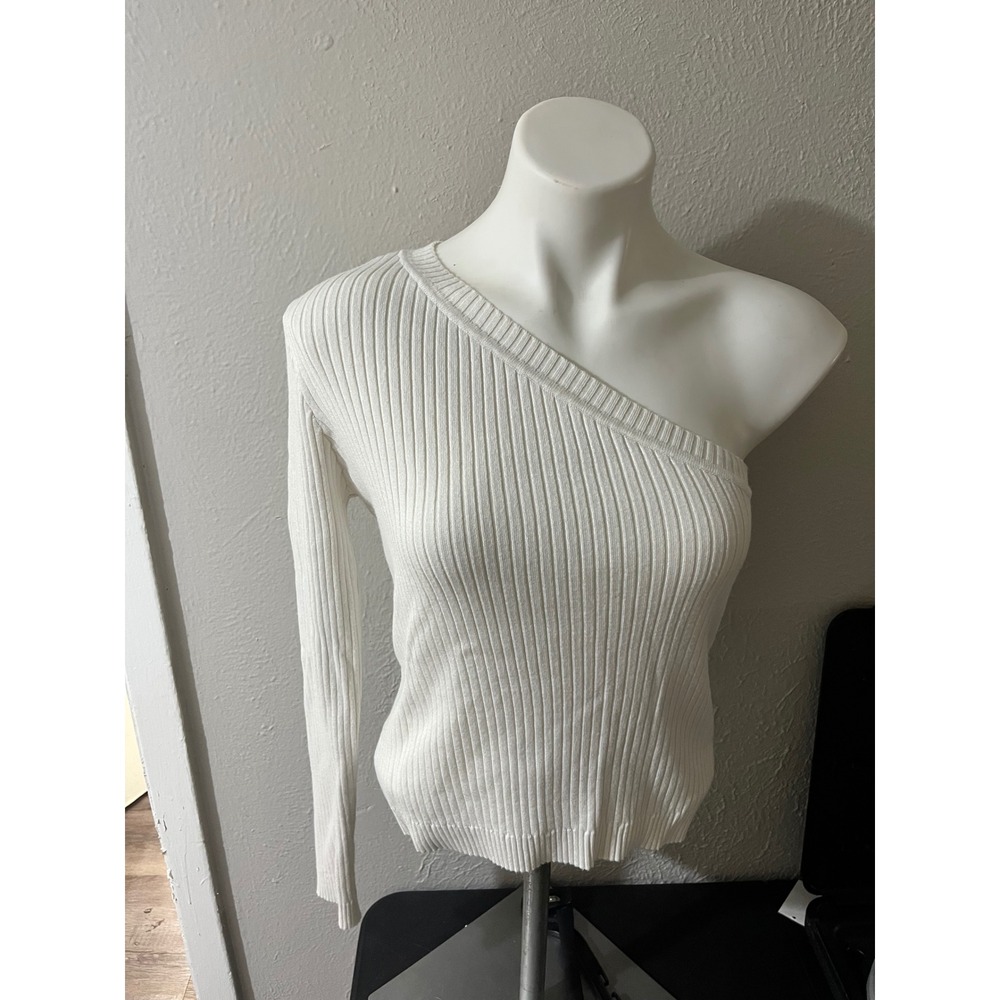 Lulus Womens XL Ivory Ribbed One Shoulder Long Sleeve Asymmetrical Knit Top